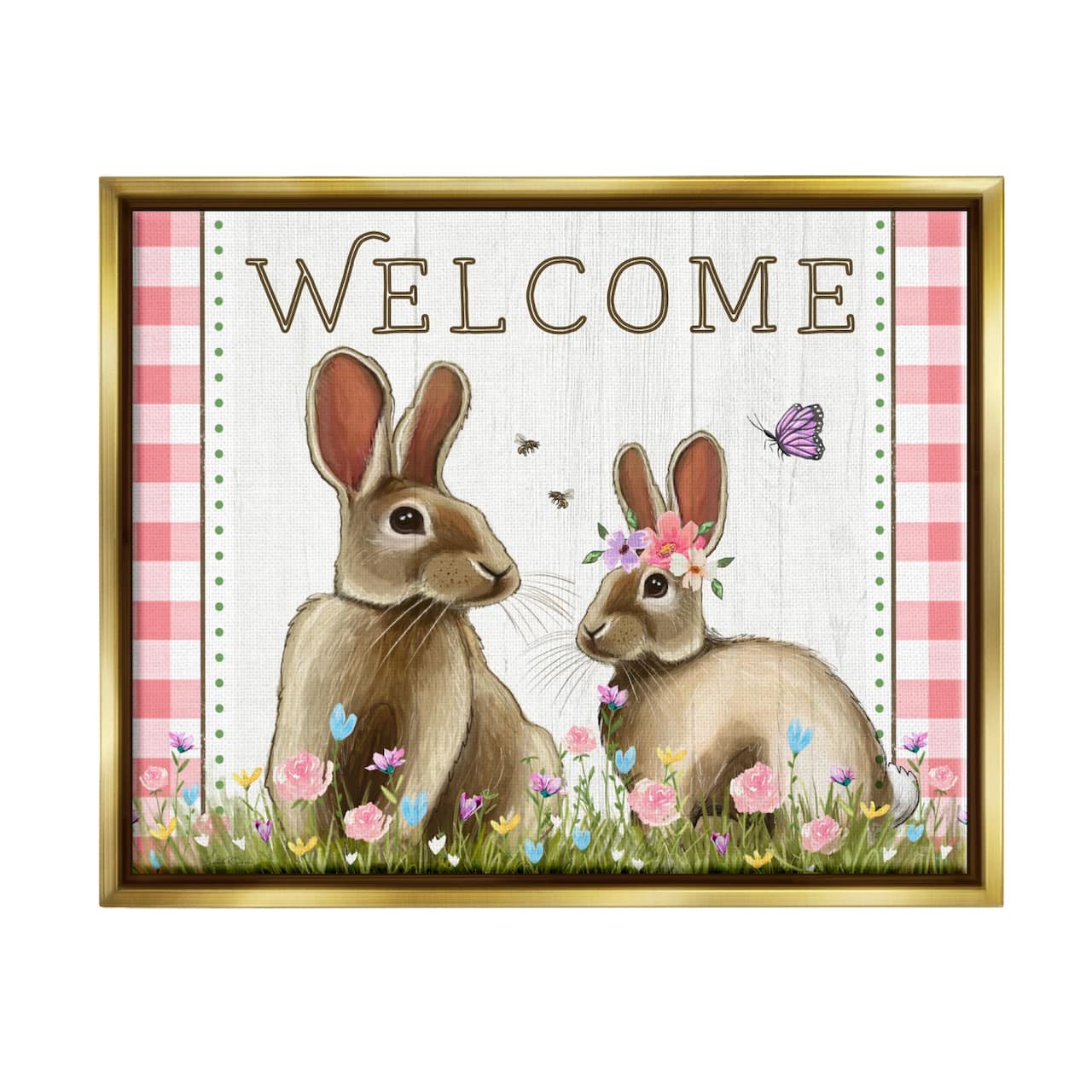 Stupell Industries Welcome Plaid Spring Garden Rabbits Floater Framed Art